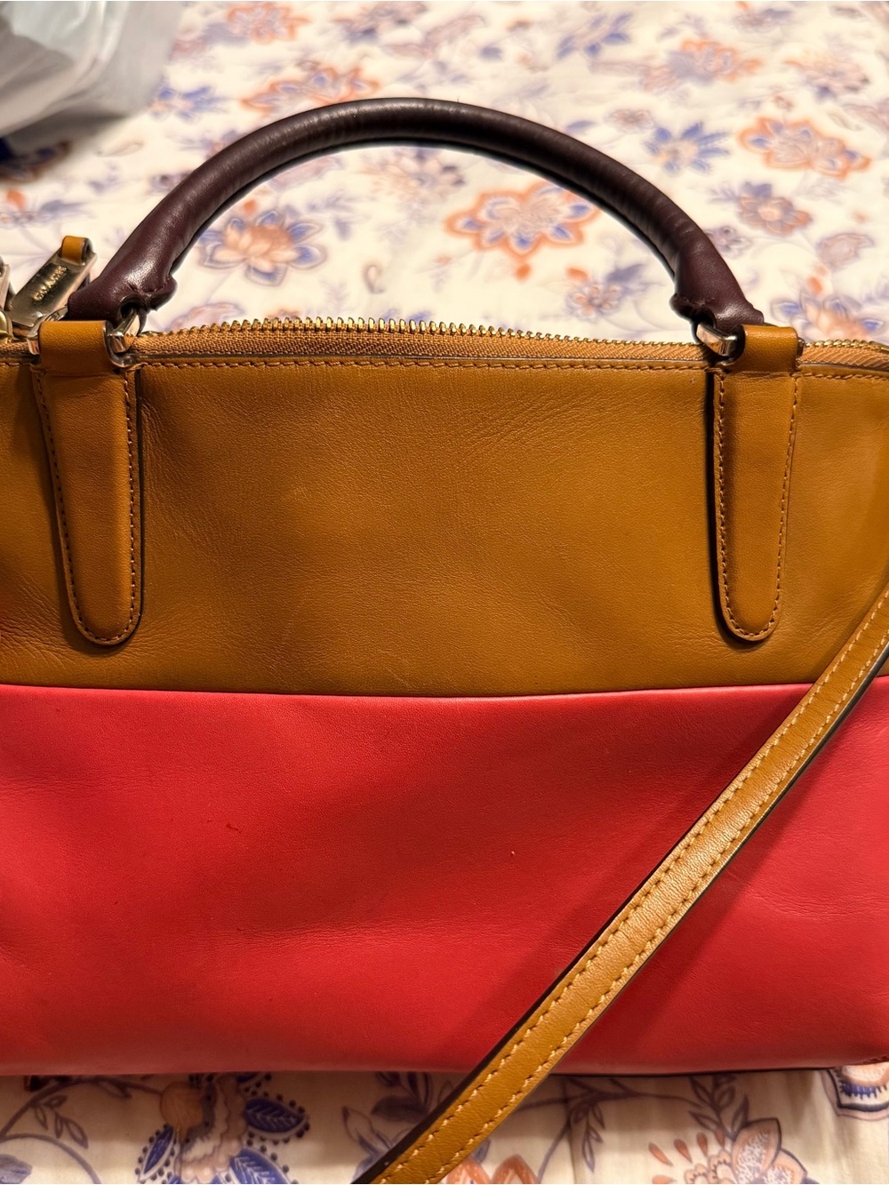 Coach Colorblock Leather Satchel – Coral, Tan & Dark Brown Handles - Picture 7 of 9